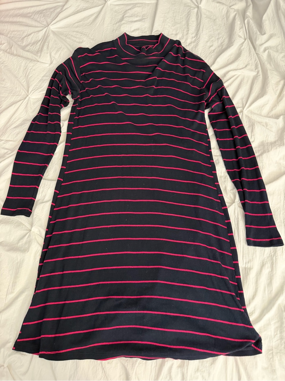 Navy Blue Dress with Pink Stripes — Long Sleeve Ribbed Knit
